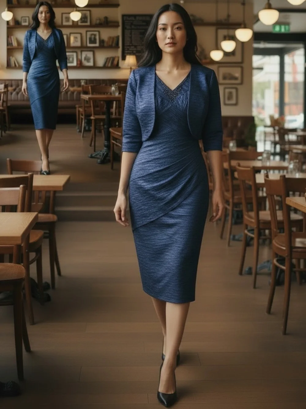 Jessica Howard Navy Blue Midi Dress with Bolero Jacket